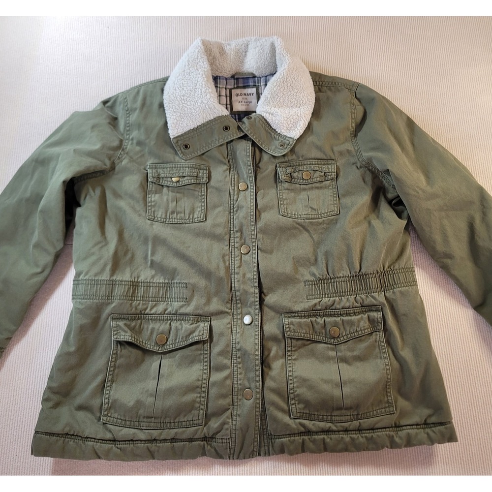 Old Navy Womens Olive Green Utility Jacket Sherpa Plaid Lined 2XL 789254-02
